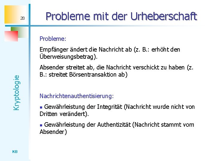 Probleme mit der Urheberschaft 28 Probleme: Kryptologie Empfänger ändert die Nachricht ab (z. B.