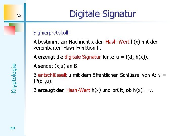 35 Digitale Signatur Signierprotokoll: A bestimmt zur Nachricht x den Hash-Wert h(x) mit der