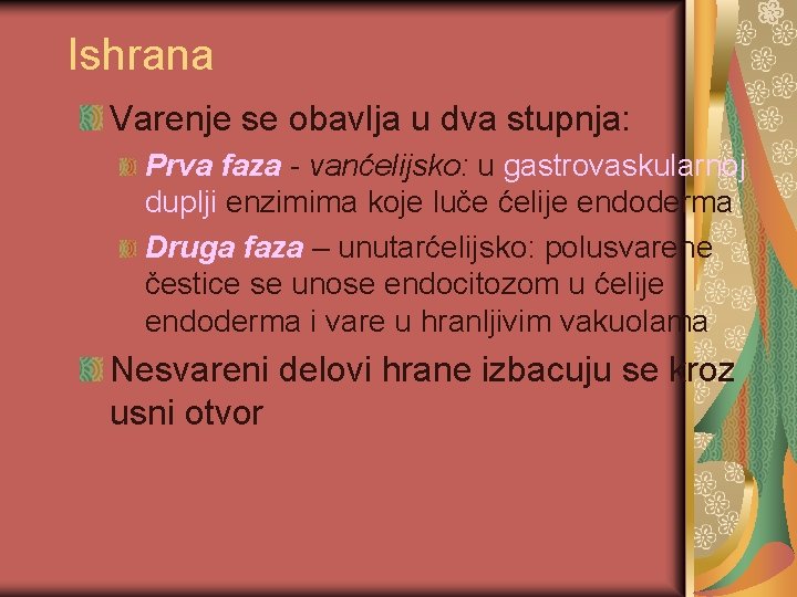 Ishrana Varenje se obavlja u dva stupnja: Prva faza - vanćelijsko: u gastrovaskularnoj duplji