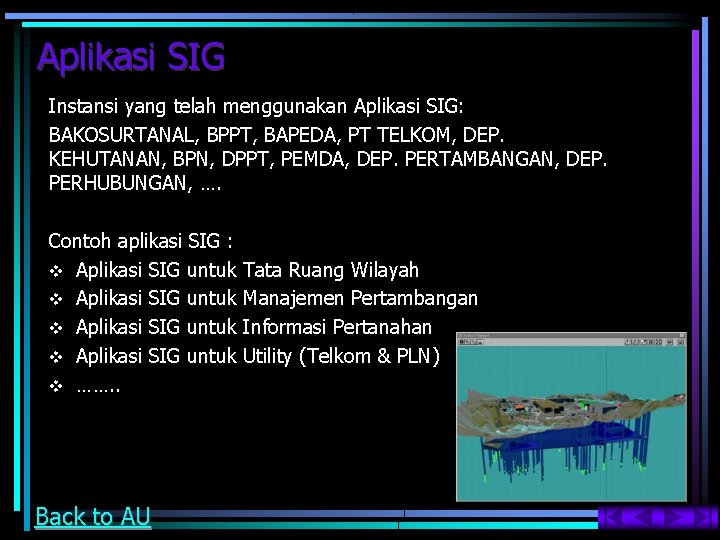 Aplikasi SIG Instansi yang telah menggunakan Aplikasi SIG: BAKOSURTANAL, BPPT, BAPEDA, PT TELKOM, DEP.