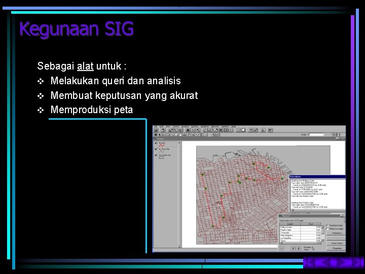 Kegunaan SIG Sebagai alat untuk : v Melakukan queri dan analisis v Membuat keputusan