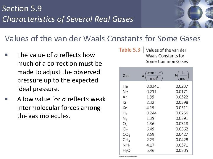 Section 5. 9 Characteristics of Several Real Gases Values of the van der Waals