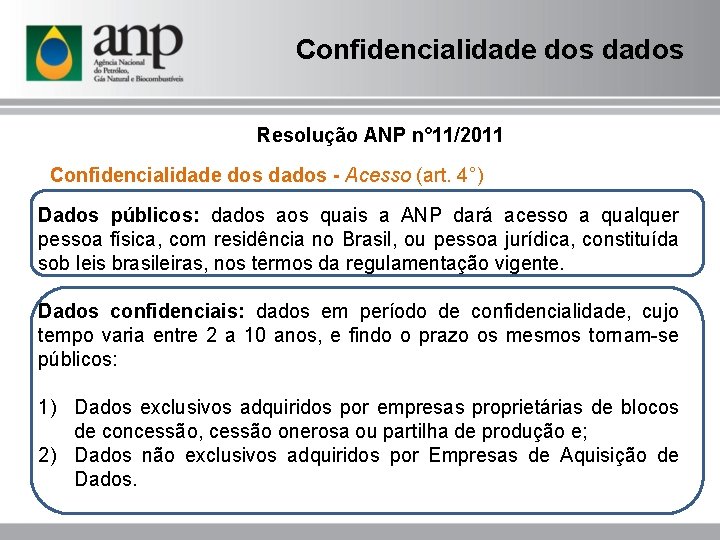 Confidencialidade dos dados Resolução ANP n° 11/2011 Confidencialidade dos dados - Acesso (art. 4°)