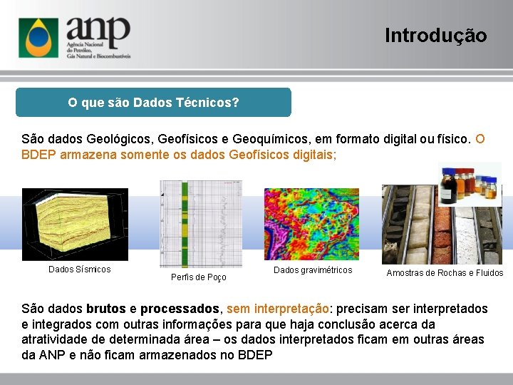 Introdução O que são Dados Técnicos? São dados Geológicos, Geofísicos e Geoquímicos, em formato