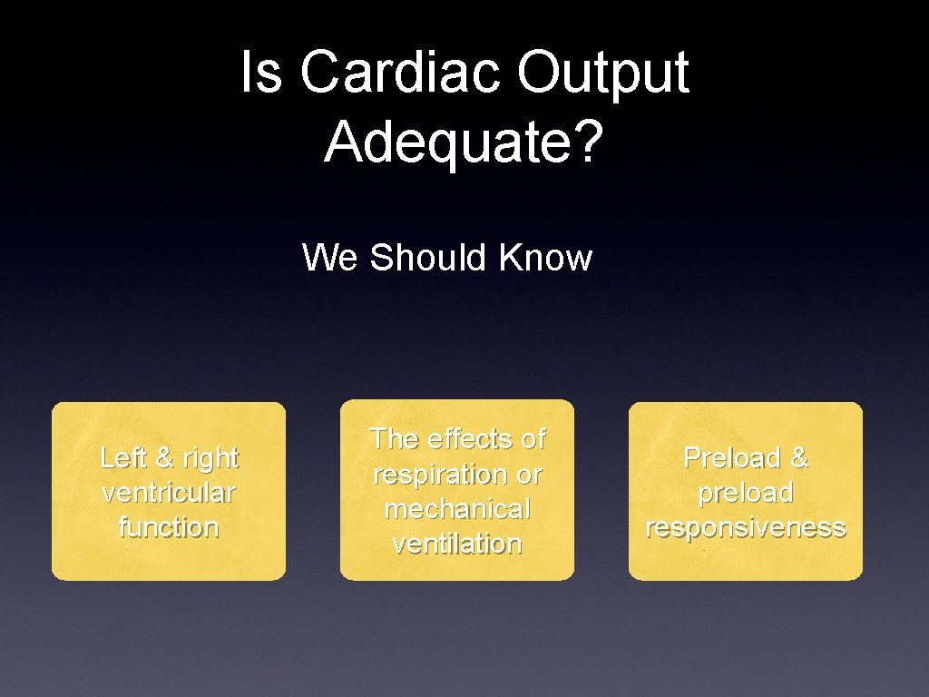 Is Cardiac Output Adequate? We Should Know Left & right ventricular function The effects