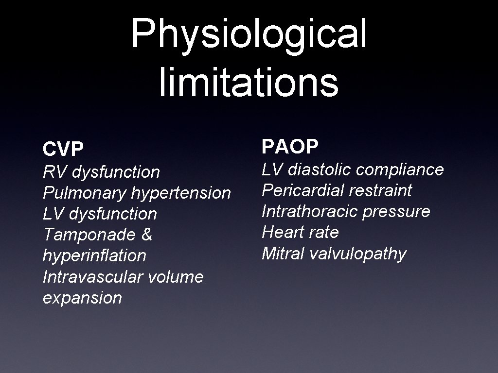 Physiological limitations CVP RV dysfunction Pulmonary hypertension LV dysfunction Tamponade & hyperinflation Intravascular volume