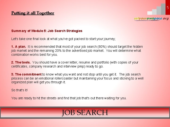 Putting it all Together Summary of Module 5: Job Search Strategies Let's take one