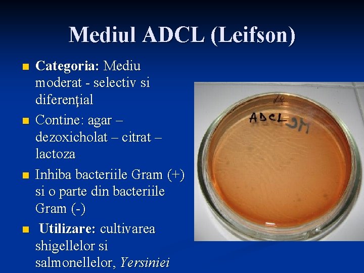 Mediul ADCL (Leifson) n n Categoria: Mediu moderat - selectiv si diferenţial Contine: agar