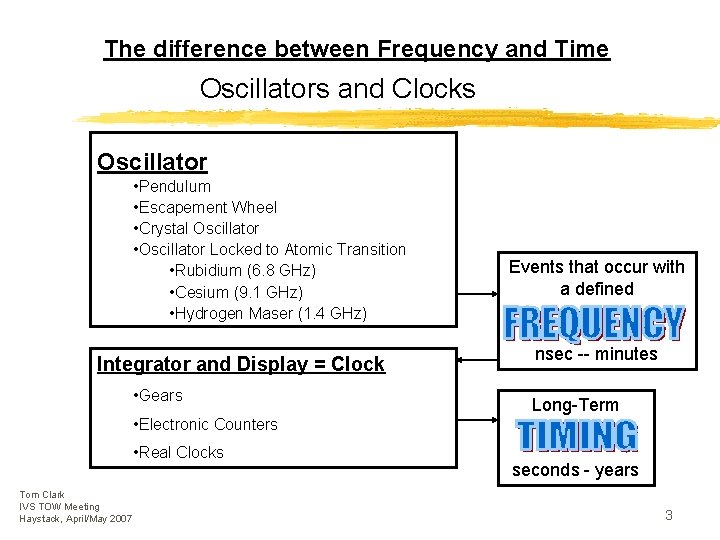 The difference between Frequency and Time Oscillators and Clocks Oscillator • Pendulum • Escapement