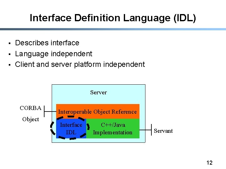 Interface Definition Language (IDL) § § § Describes interface Language independent Client and server