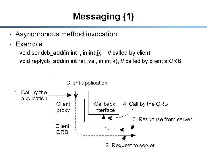 Messaging (1) § § Asynchronous method invocation Example: void sendcb_add(in int i, in int