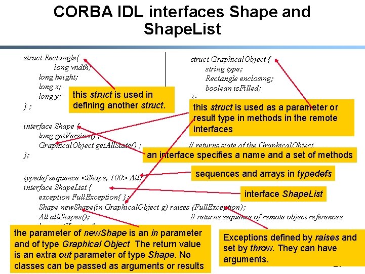 CORBA IDL interfaces Shape and Shape. List struct Rectangle{ long width; long height; long