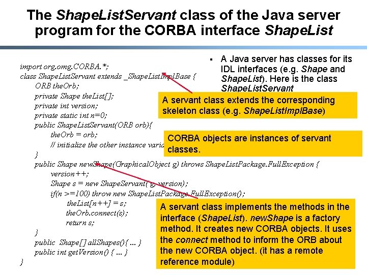 The Shape. List. Servant class of the Java server program for the CORBA interface