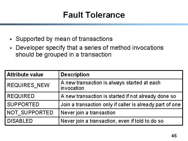 Fault Tolerance § § Supported by mean of transactions Developer specify that a series