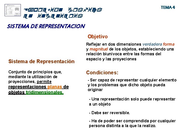 Expresion grafica en ingenieria TEMA 4 SISTEMA DE REPRESENTACION Objetivo Sistema de Representación Conjunto