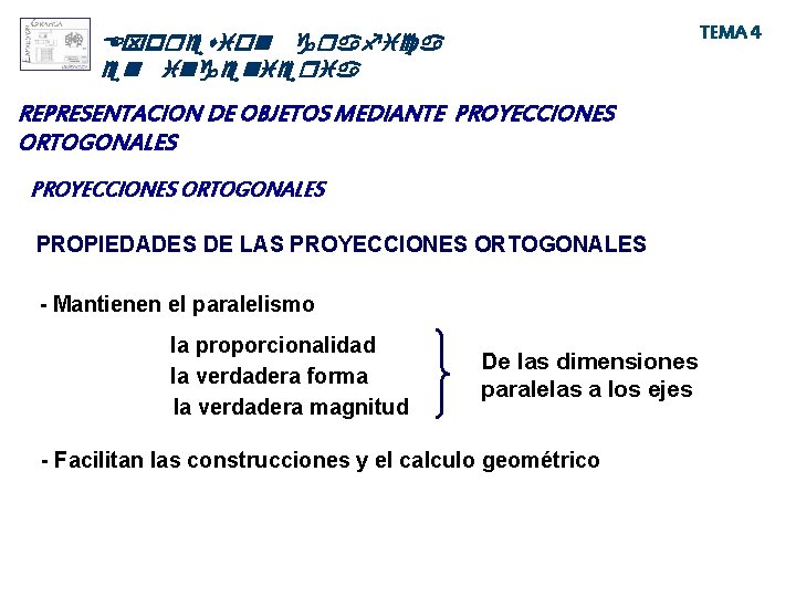 TEMA 4 Expresion grafica en ingenieria REPRESENTACION DE OBJETOS MEDIANTE PROYECCIONES ORTOGONALES PROPIEDADES DE