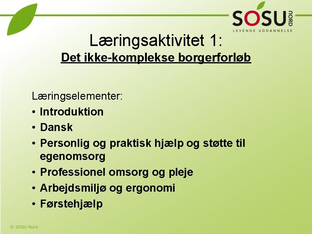 Læringsaktivitet 1: Det ikke-komplekse borgerforløb Læringselementer: • Introduktion • Dansk • Personlig og praktisk