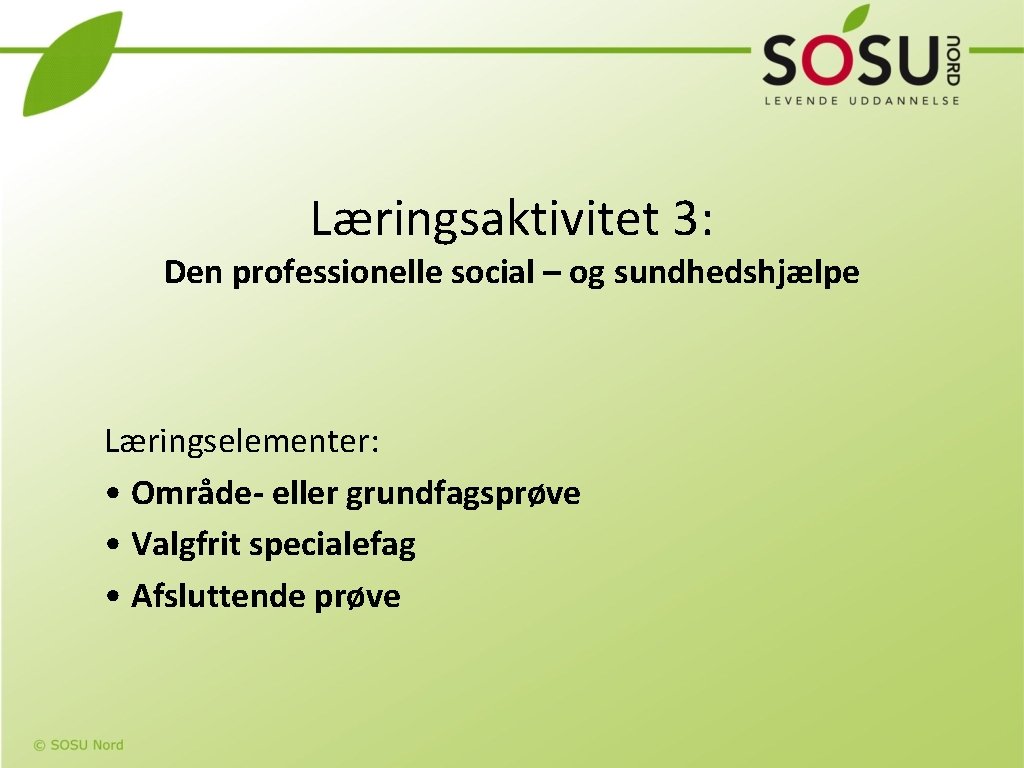 Læringsaktivitet 3: Den professionelle social – og sundhedshjælpe Læringselementer: • Område- eller grundfagsprøve •