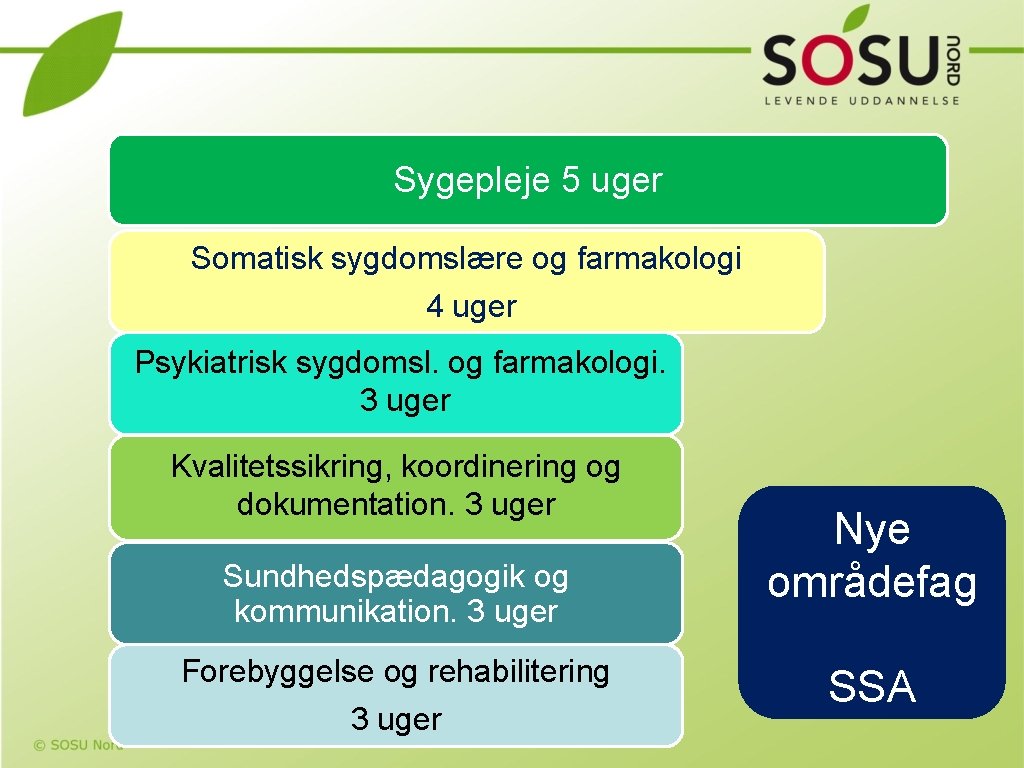 Sygepleje 5 uger Somatisk sygdomslære og farmakologi 4 uger Psykiatrisk sygdomsl. og farmakologi. 3