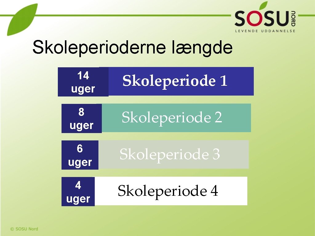 Skoleperioderne længde 14 uger Skoleperiode 1 8 uger Skoleperiode 2 6 uger Skoleperiode 3