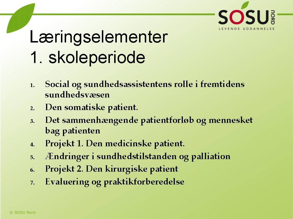 Læringselementer 1. skoleperiode 1. 2. 3. 4. 5. 6. 7. Social og sundhedsassistentens rolle