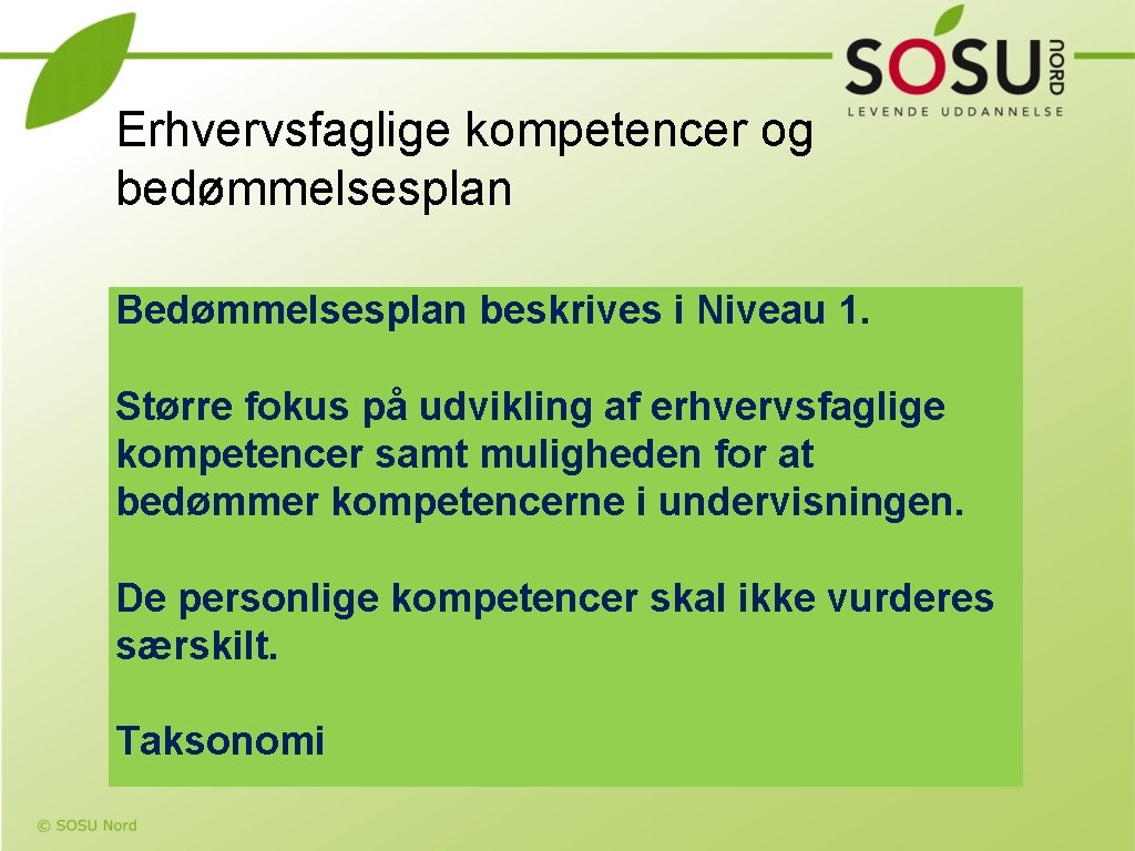 Erhvervsfaglige kompetencer og bedømmelsesplan Bedømmelsesplan beskrives i Niveau 1. Større fokus på udvikling af