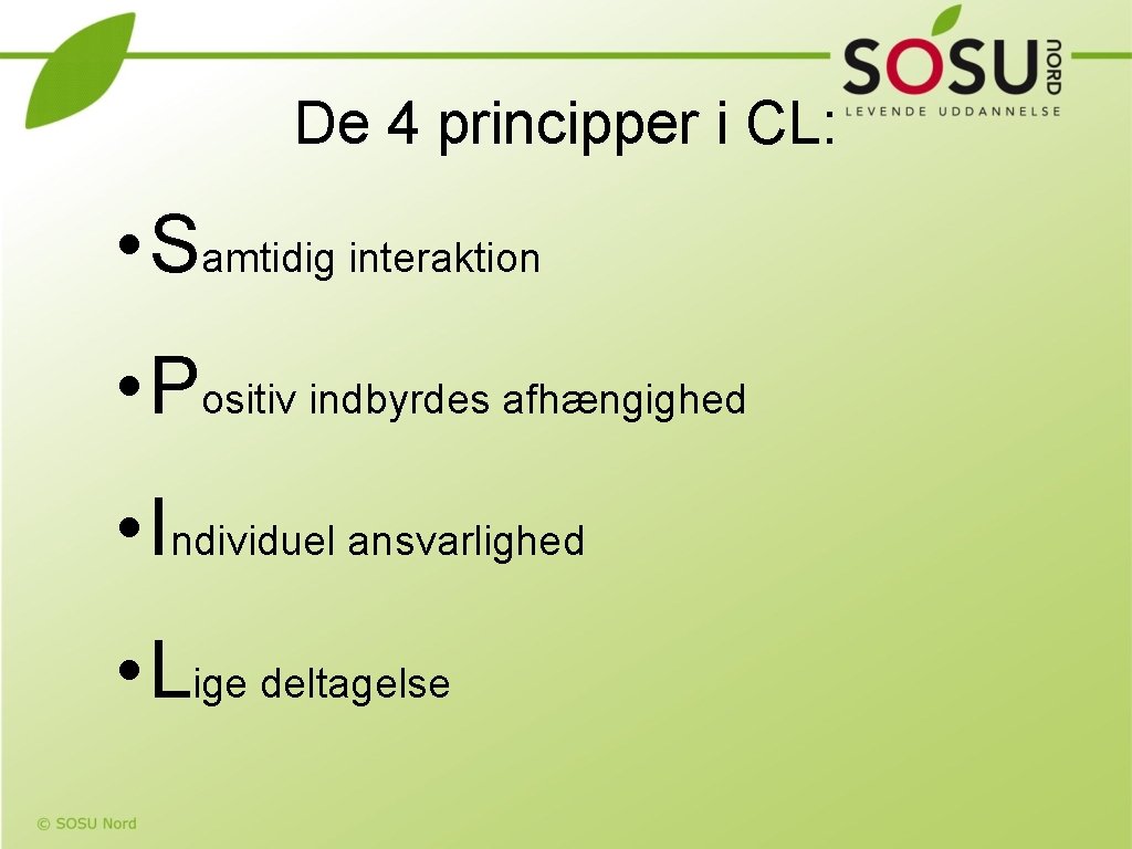 De 4 principper i CL: • Samtidig interaktion • Positiv indbyrdes afhængighed • Individuel