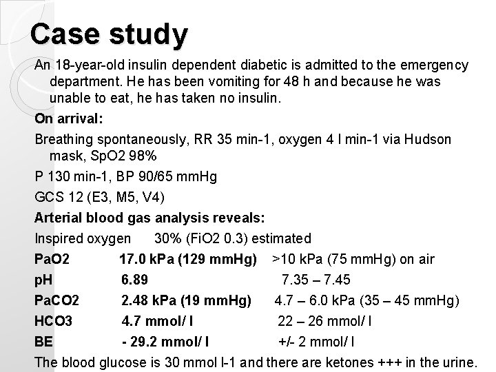Case study An 18 -year-old insulin dependent diabetic is admitted to the emergency department. Case study An 18 -year-old insulin dependent diabetic is admitted to the emergency department.