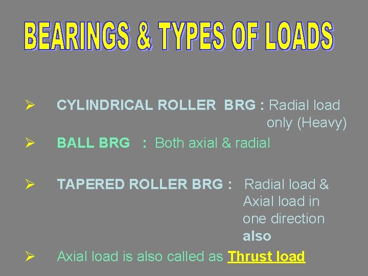 Ø Ø CYLINDRICAL ROLLER BRG : Radial load only (Heavy) BALL BRG : Both