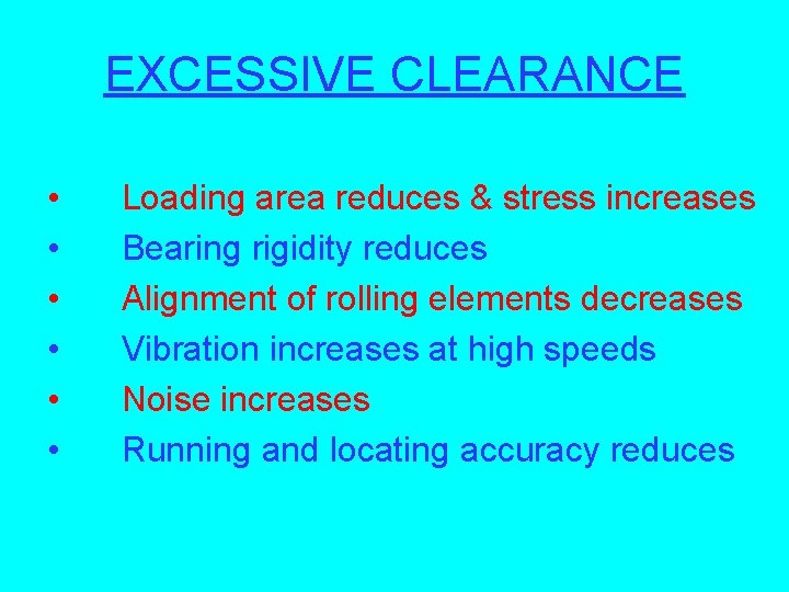 EXCESSIVE CLEARANCE • • • Loading area reduces & stress increases Bearing rigidity reduces