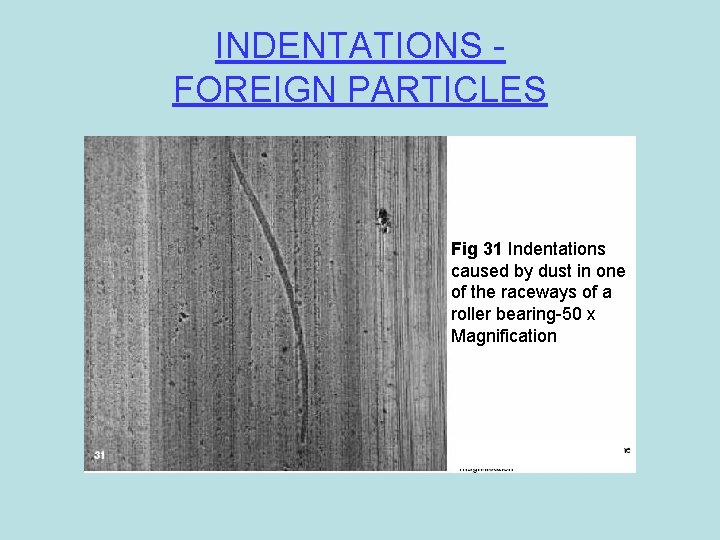 INDENTATIONS FOREIGN PARTICLES Fig 31 Indentations caused by dust in one of the raceways