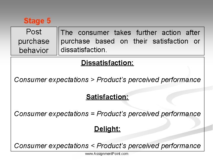 Stage 5 Post purchase behavior The consumer takes further action after purchase based on