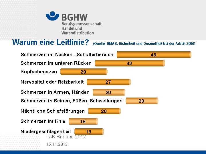 Warum eine Leitlinie? (Quelle: BMAS, Sicherheit und Gesundheit bei der Arbeit 2006) Schmerzen im