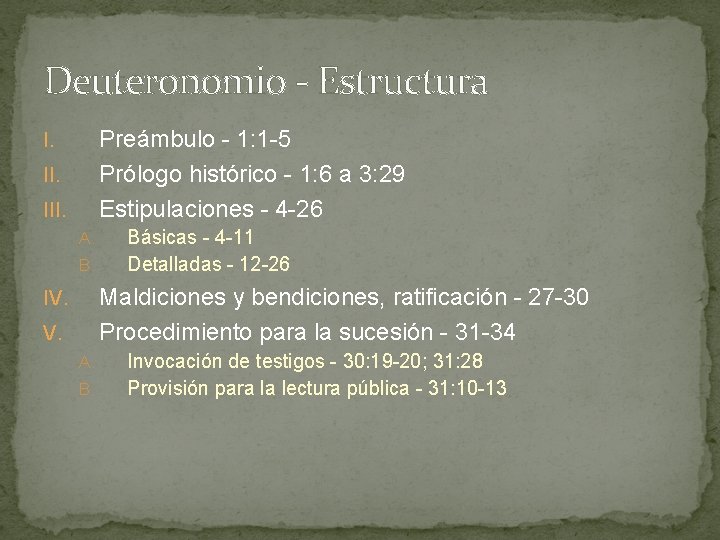 Deuteronomio - Estructura Preámbulo - 1: 1 -5 Prólogo histórico - 1: 6 a