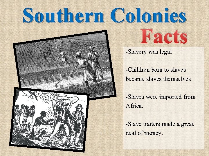 Southern Colonies Facts -Slavery was legal -Children born to slaves became slaves themselves -Slaves