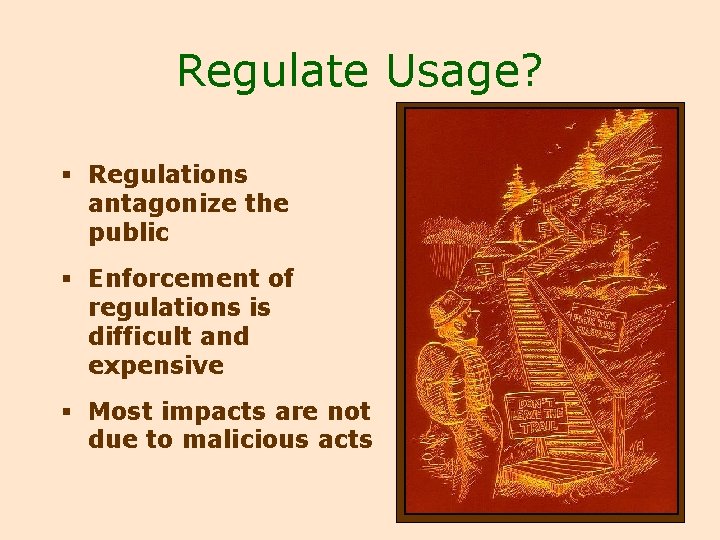 Regulate Usage? § Regulations antagonize the public § Enforcement of regulations is difficult and