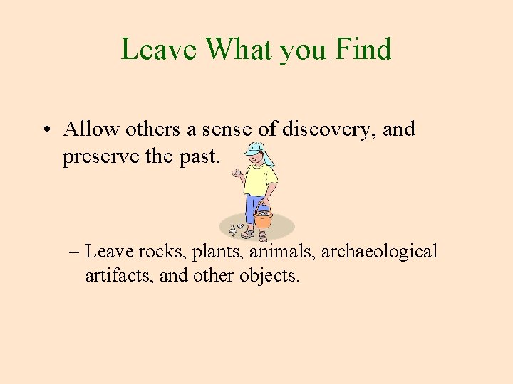 Leave What you Find • Allow others a sense of discovery, and preserve the