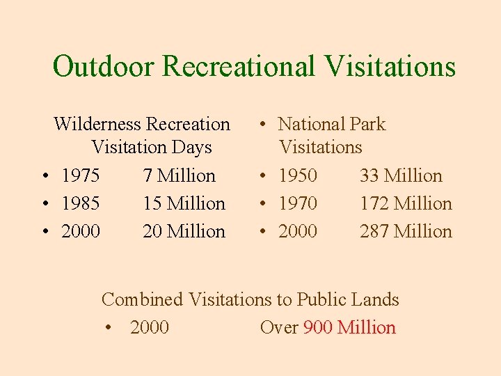 Outdoor Recreational Visitations Wilderness Recreation Visitation Days • 1975 7 Million • 1985 15