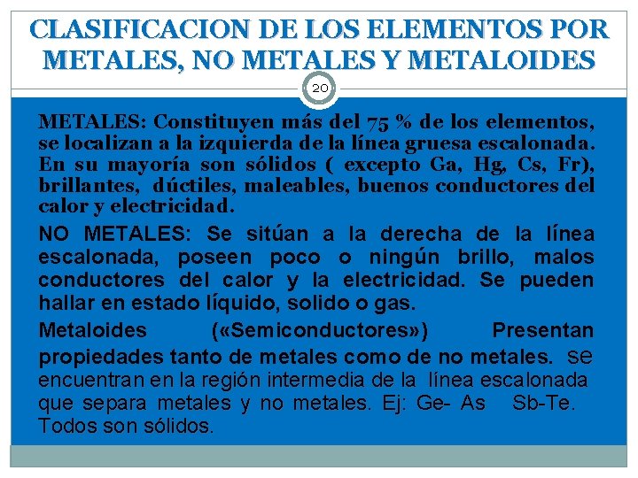 CLASIFICACION DE LOS ELEMENTOS POR METALES, NO METALES Y METALOIDES 20 METALES: Constituyen más