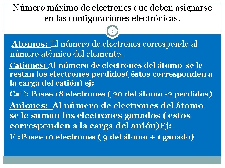 Número máximo de electrones que deben asignarse en las configuraciones electrónicas. 33 Atomos: El