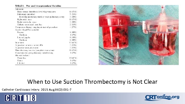 When to Use Suction Thrombectomy is Not Clear Catheter Cardiovasc Interv. 2015 Aug; 86(2):