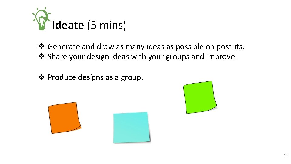 Ideate (5 mins) v Generate and draw as many ideas as possible on post-its.