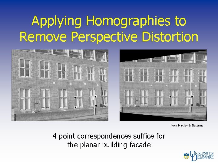 Applying Homographies to Remove Perspective Distortion from Hartley & Zisserman 4 point correspondences suffice