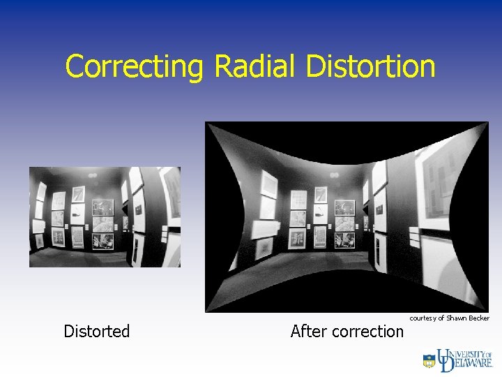 Correcting Radial Distortion Distorted After correction courtesy of Shawn Becker 