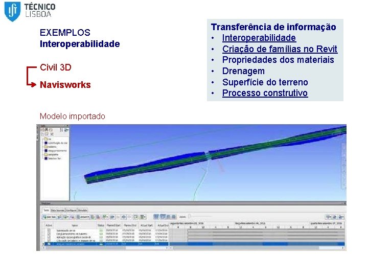 EXEMPLOS Interoperabilidade Civil 3 D Navisworks Modelo importado Transferência de informação • Interoperabilidade •