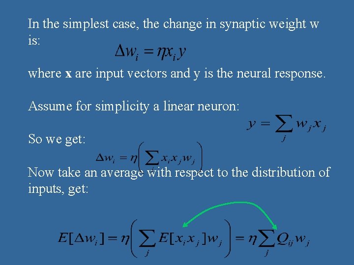 In the simplest case, the change in synaptic weight w is: where x are