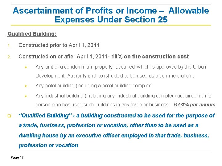 Ascertainment of Profits or Income – Allowable Expenses Under Section 25 Qualified Building: 1.