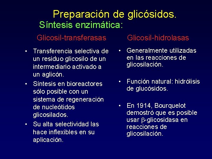 Preparación de glicósidos. Síntesis enzimática: Glicosil-transferasas • Transferencia selectiva de un residuo glicosilo de