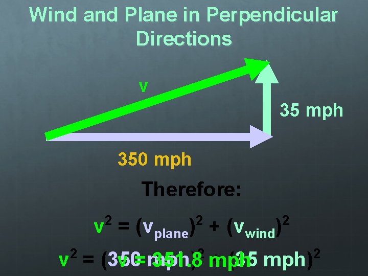 Wind and Plane in Perpendicular Directions v 35 mph 350 mph Therefore: 2 2