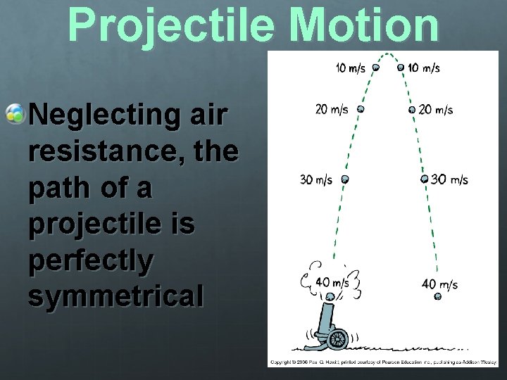 Projectile Motion Neglecting air resistance, the path of a projectile is perfectly symmetrical 